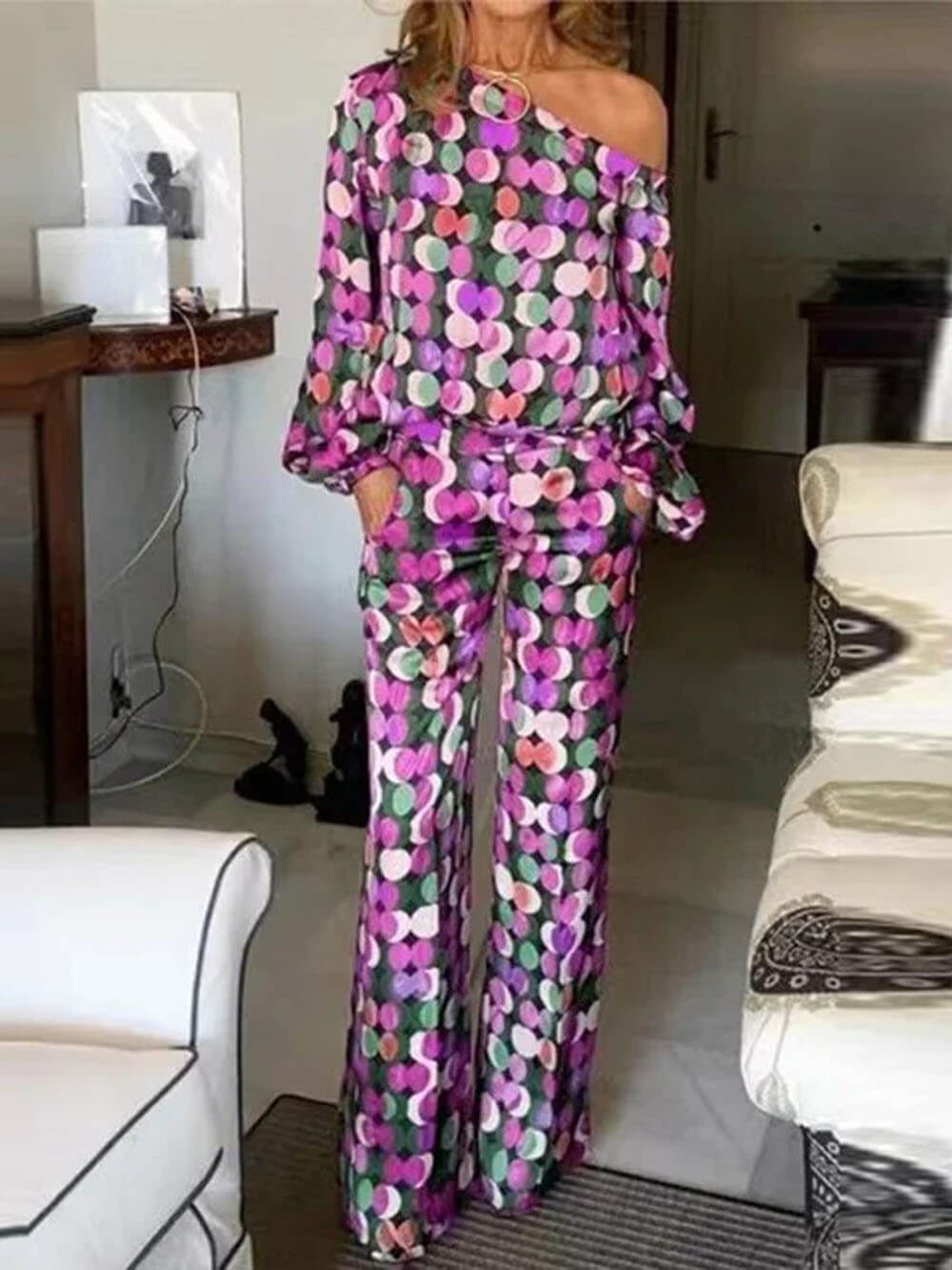 Elegant And Unique Large Polka Dot Printed Off-Shoulder Tops Elastic Pockets Straight Pants Suits - Threadford