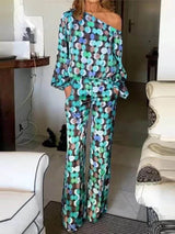 Elegant And Unique Large Polka Dot Printed Off-Shoulder Tops Elastic Pockets Straight Pants Suits - Threadford