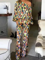 Elegant And Unique Large Polka Dot Printed Off-Shoulder Tops Elastic Pockets Straight Pants Suits - Threadford