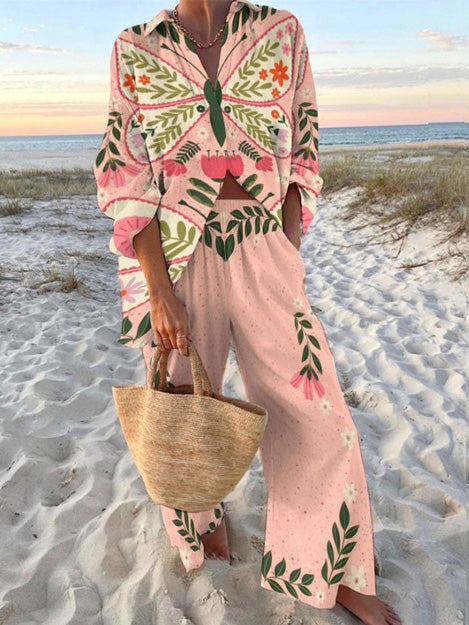Sweet Summer Butterfly Floral Print Trousers Two-Piece Set - Threadford