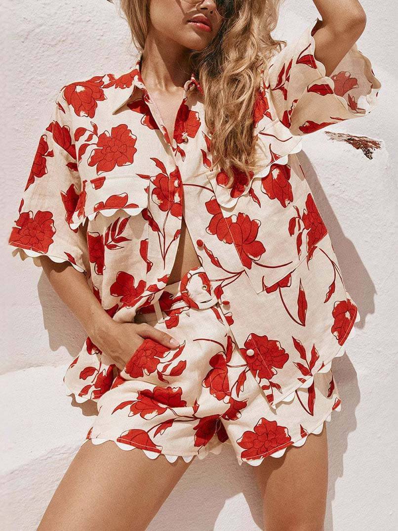 Casual Exquisite Versatile Lace Print Shorts Two-piece Suit - Threadford
