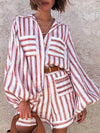 Classic Casual Striped Print Loose Shirt And Shorts Set - Threadford