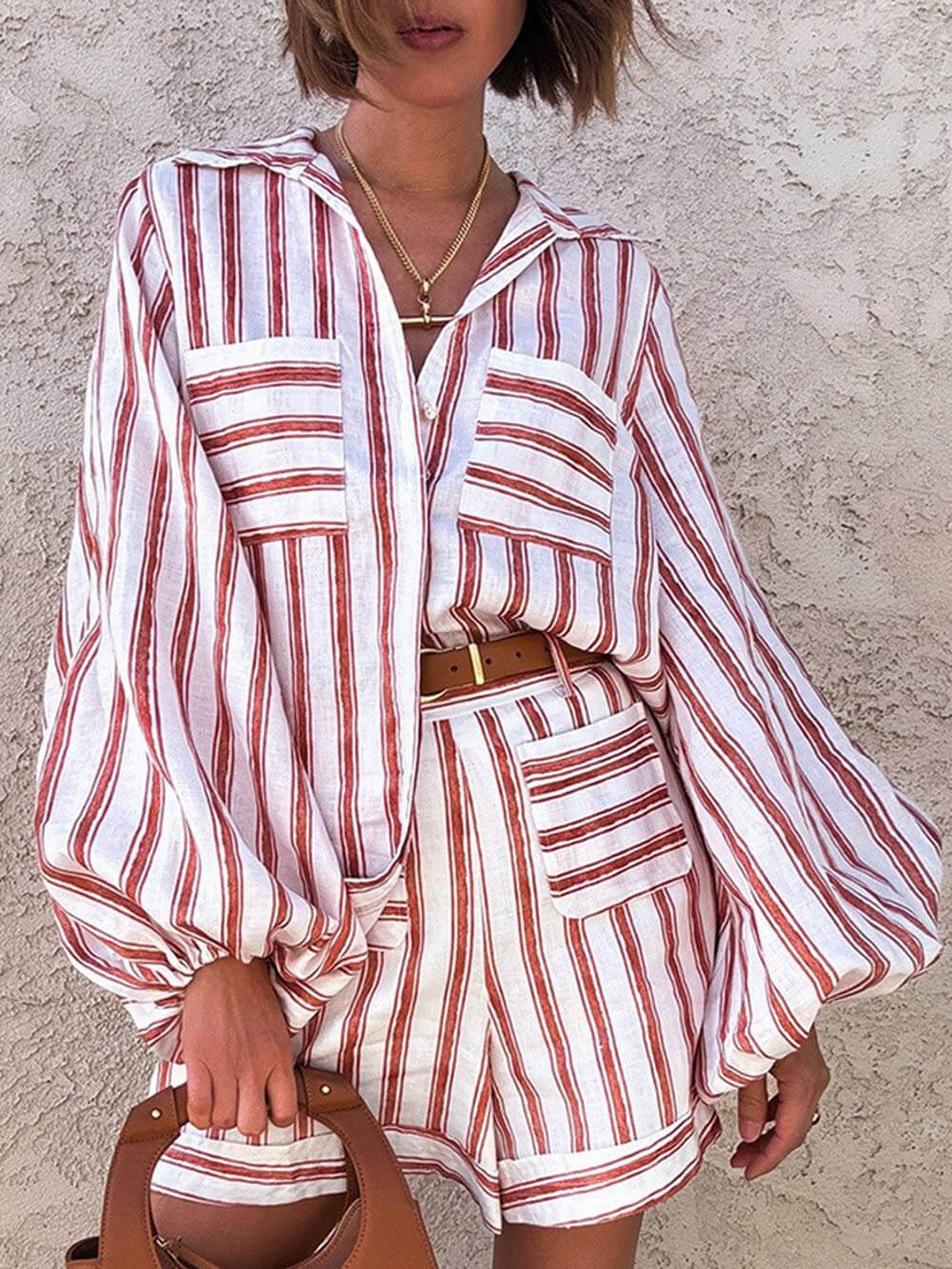 Classic Casual Striped Print Loose Shirt And Shorts Set - Threadford