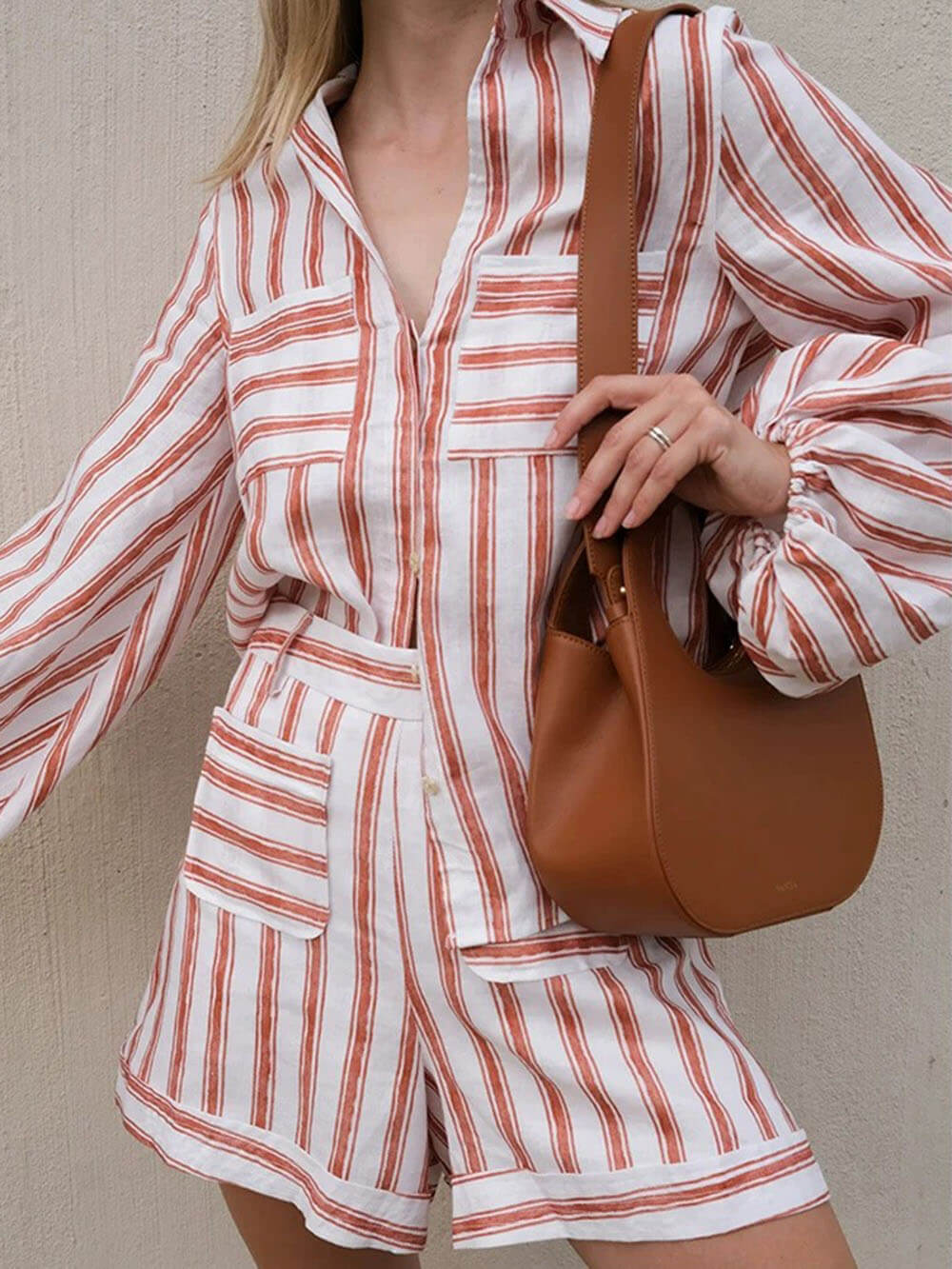 Classic Casual Striped Print Loose Shirt And Shorts Set - Threadford
