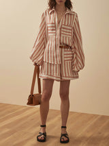 Classic Casual Striped Print Loose Shirt And Shorts Set - Threadford