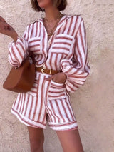 Classic Casual Striped Print Loose Shirt And Shorts Set - Threadford