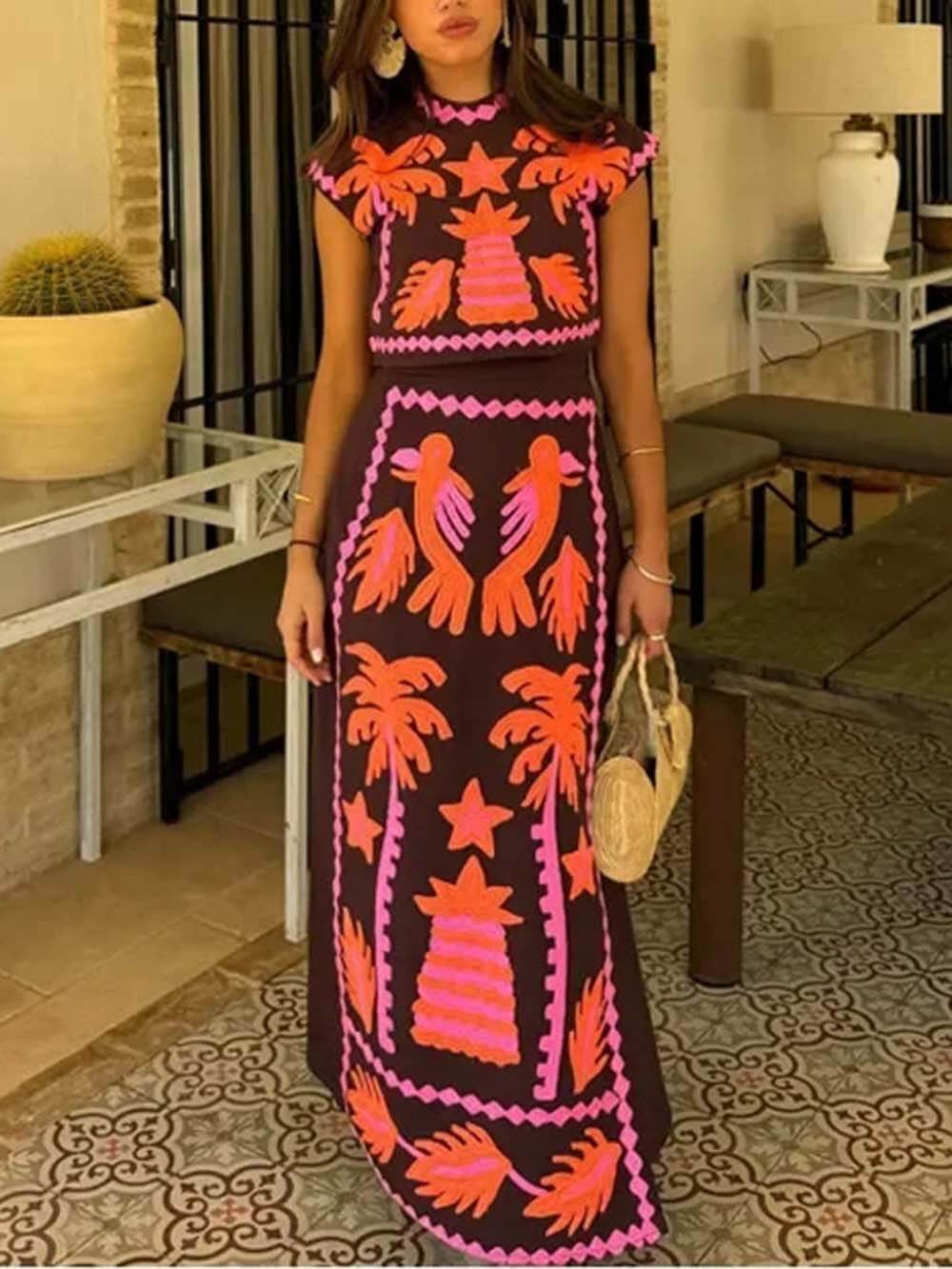 Fashionable Elegant High Waist Printed Short Sleeve Top and Skirt Set - Threadford