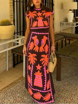 Fashionable Elegant High Waist Printed Short Sleeve Top and Skirt Set - Threadford