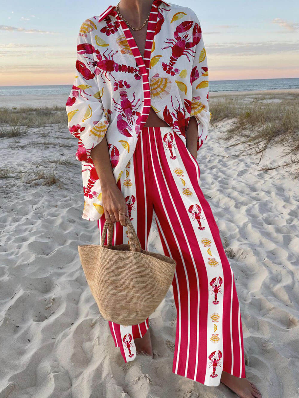 Unique Abstract Lobster Patchwork Print Two-Piece Set - Threadford