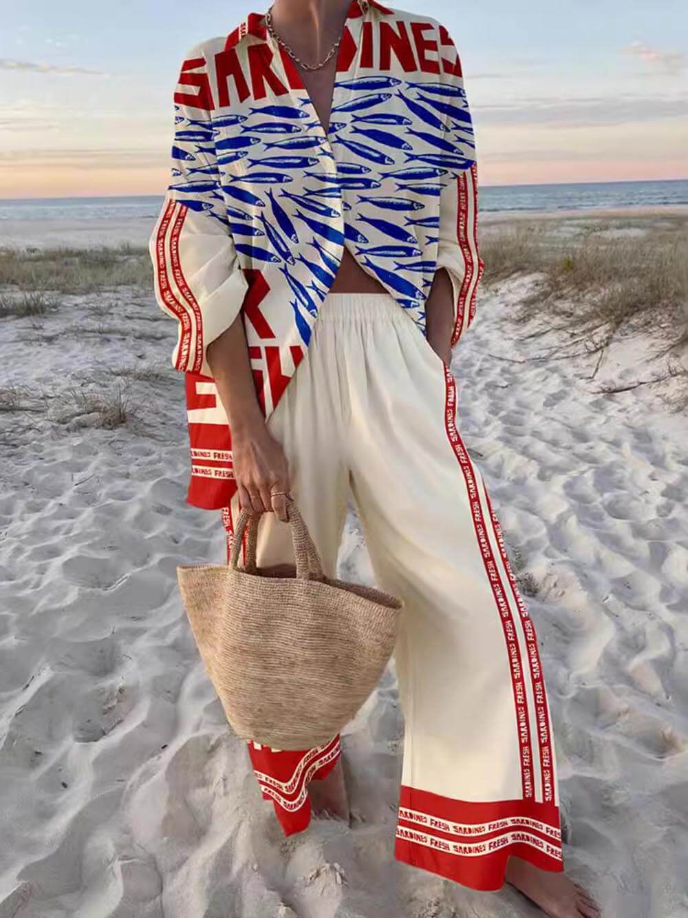 Unique Casual Print Loose Oversized Shirt Wide-Leg Pants Set - Threadford