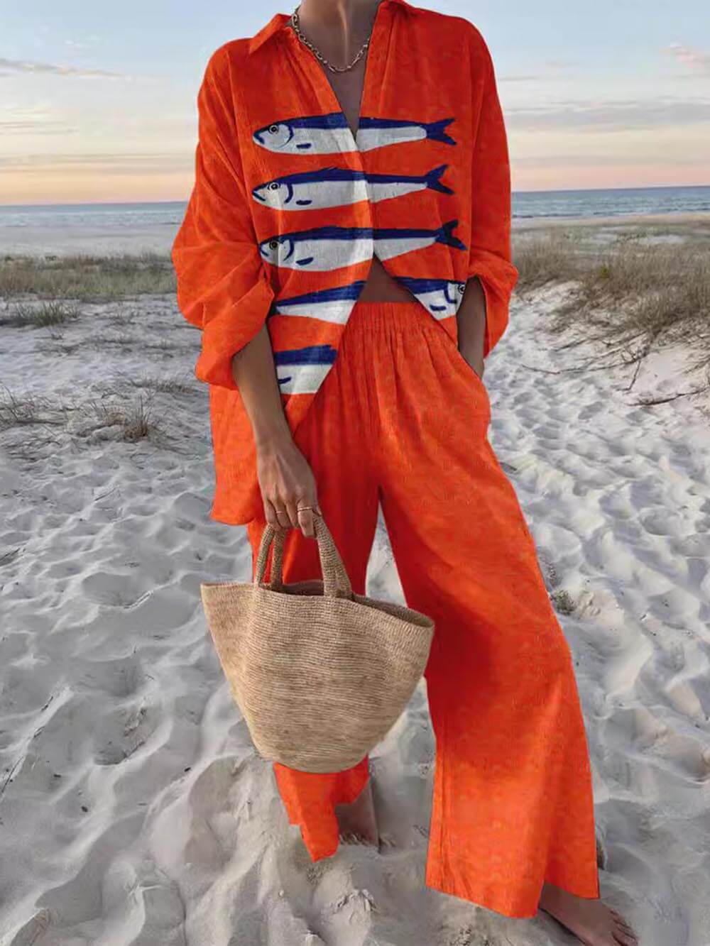 Unique Casual Print Loose Oversized Shirt Wide-Leg Pants Set - Threadford