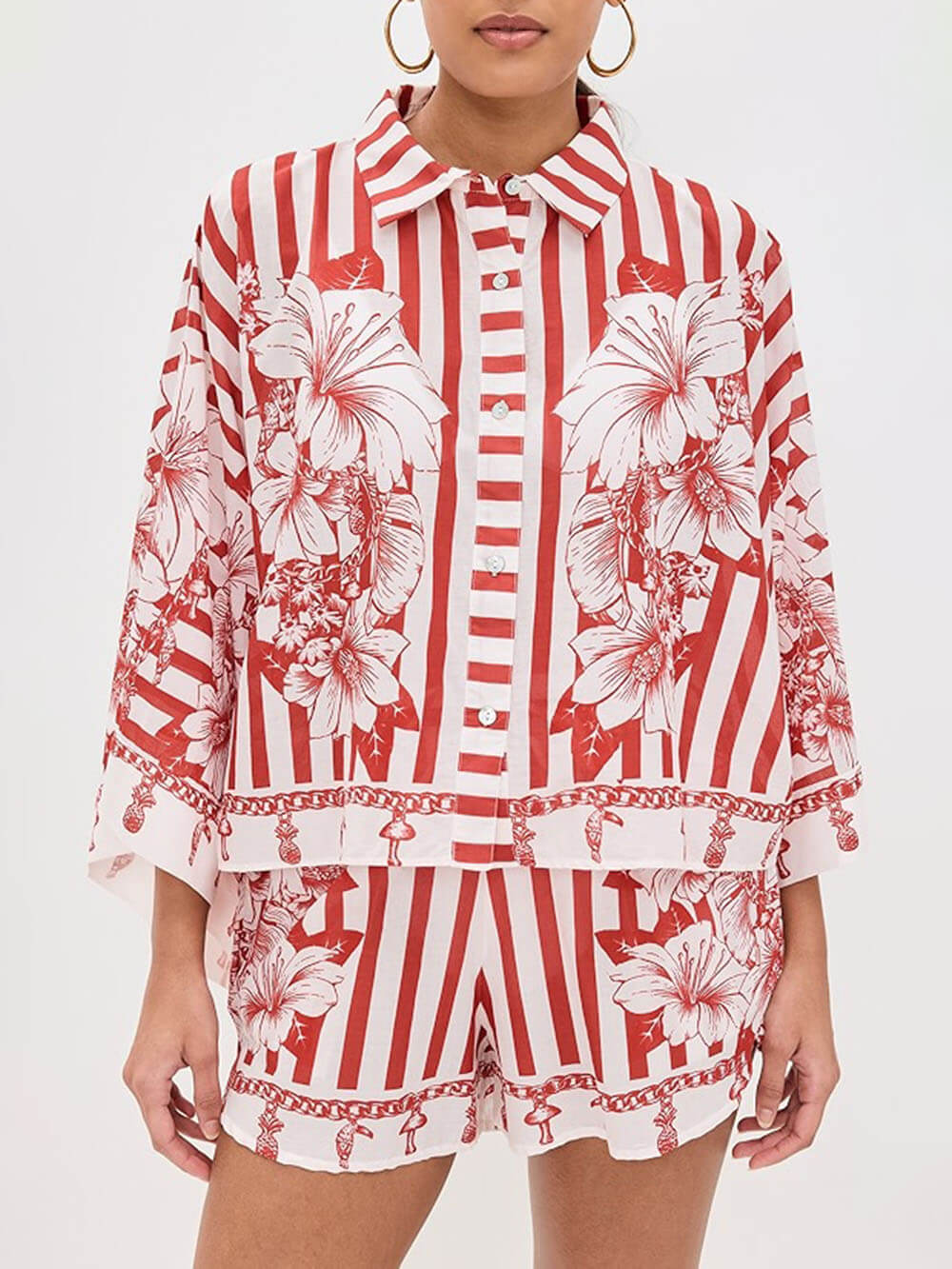 Unique Floral Print Wide Sleeve Shirt and Elastic Waist Pocketed Shorts Set - Threadford