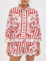 Unique Floral Print Wide Sleeve Shirt and Elastic Waist Pocketed Shorts Set - Threadford