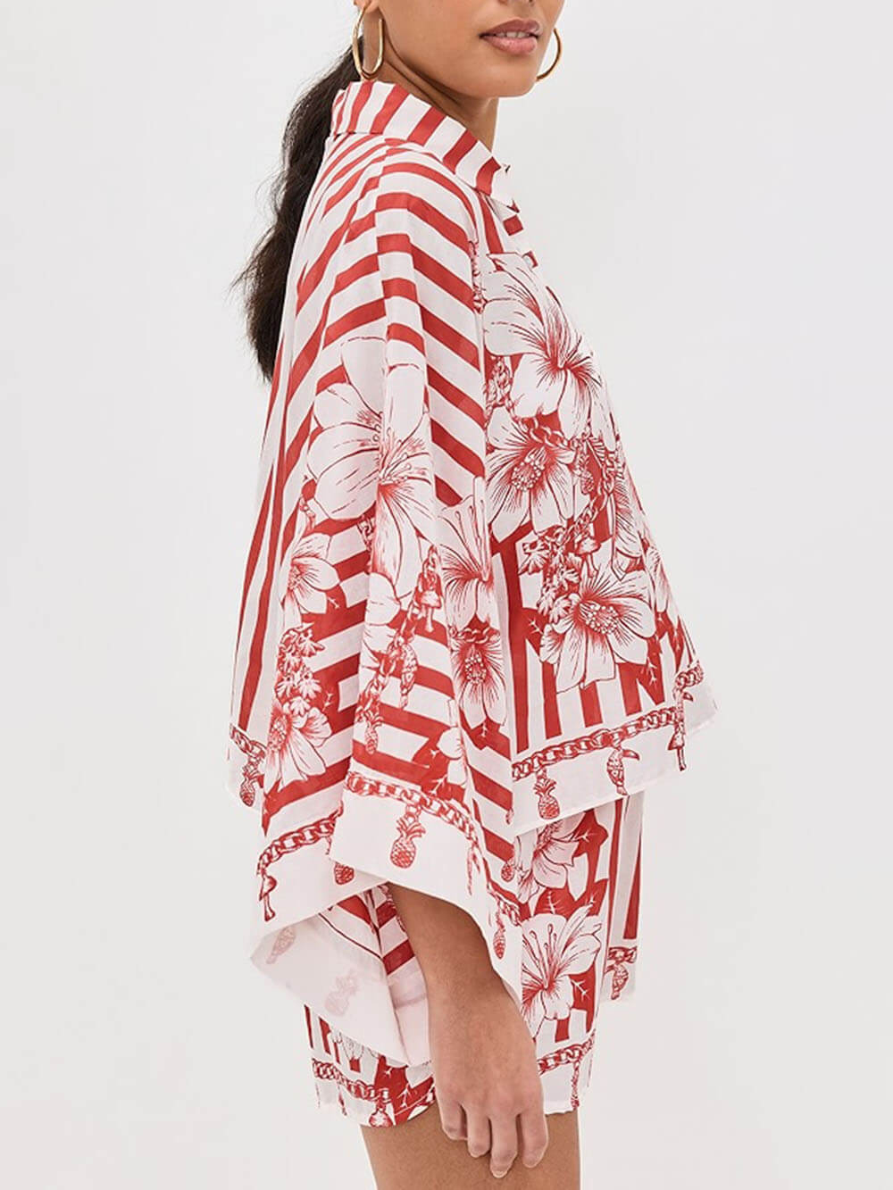 Unique Floral Print Wide Sleeve Shirt and Elastic Waist Pocketed Shorts Set - Threadford