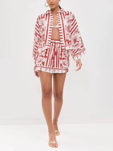 Unique Floral Print Wide Sleeve Shirt and Elastic Waist Pocketed Shorts Set - Threadford