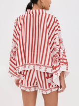 Unique Floral Print Wide Sleeve Shirt and Elastic Waist Pocketed Shorts Set - Threadford