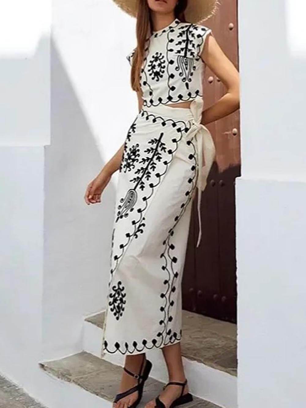 Ethnic Print Crop Top & Tire-up Wrap Midi Skirt Set - Threadford