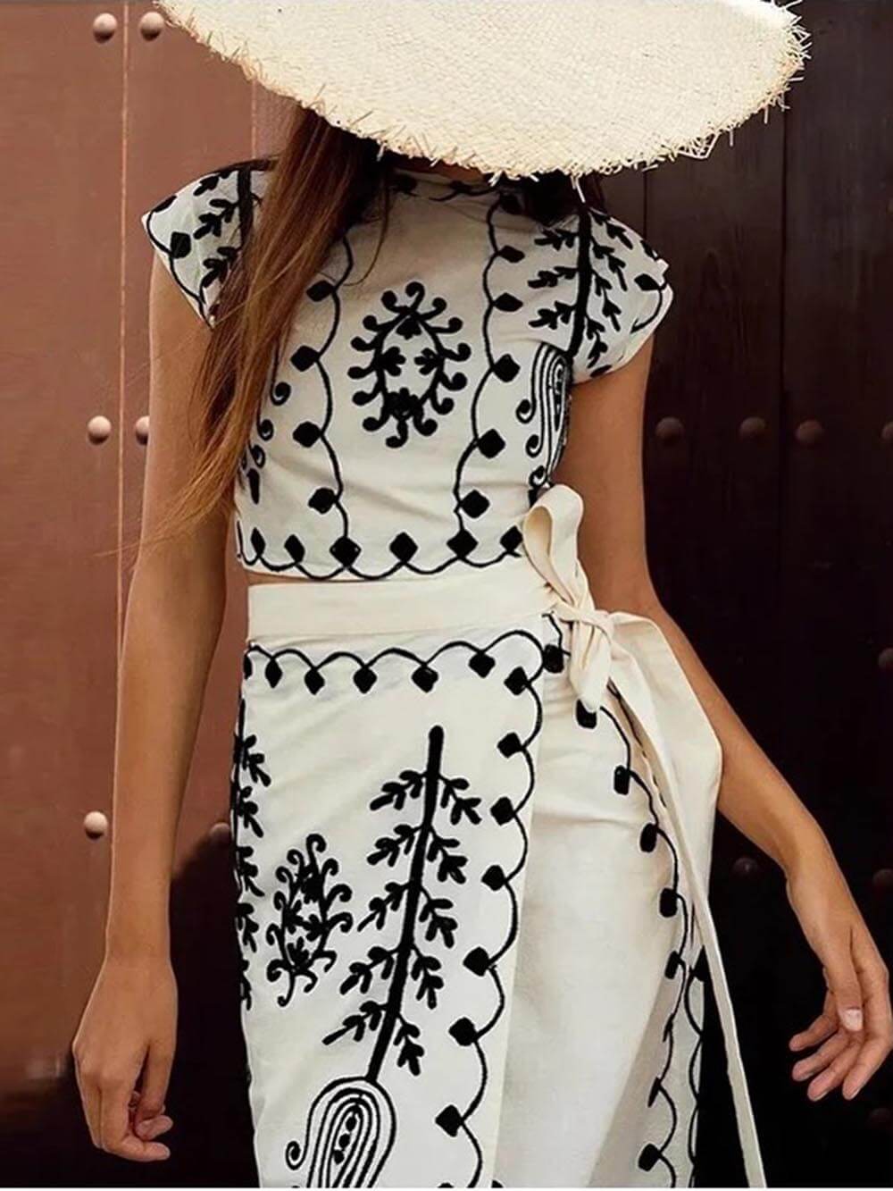 Ethnic Print Crop Top & Tire-up Wrap Midi Skirt Set - Threadford