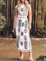 Ethnic Print Crop Top & Tire-up Wrap Midi Skirt Set - Threadford