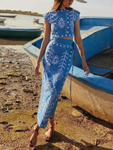 Ethnic Print Crop Top & Tire-up Wrap Midi Skirt Set - Threadford