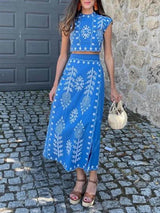 Ethnic Print Crop Top & Tire-up Wrap Midi Skirt Set - Threadford