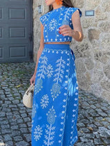 Ethnic Print Crop Top & Tire-up Wrap Midi Skirt Set - Threadford