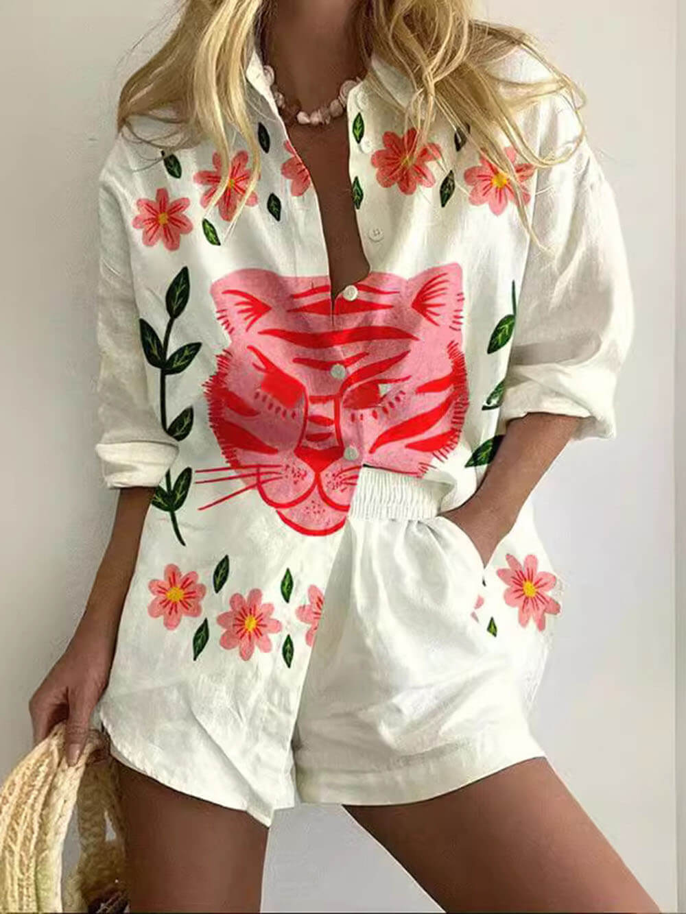 Fashion Unique Print Long-Sleeved Shirt And Shorts Set - Threadford