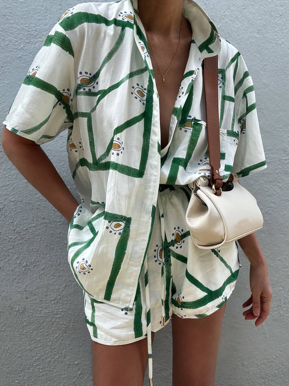 Unique Delicate Printed Loose Button Up Top Shorts Set - Threadford