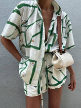 Unique Delicate Printed Loose Button Up Top Shorts Set - Threadford