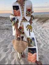 Unique Palm Tree Print Slouchy Two-Piece Set - Threadford
