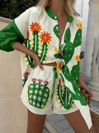 Completo due pezzi con pantaloncini e stampa di cactus tropicali dalla personalità unica