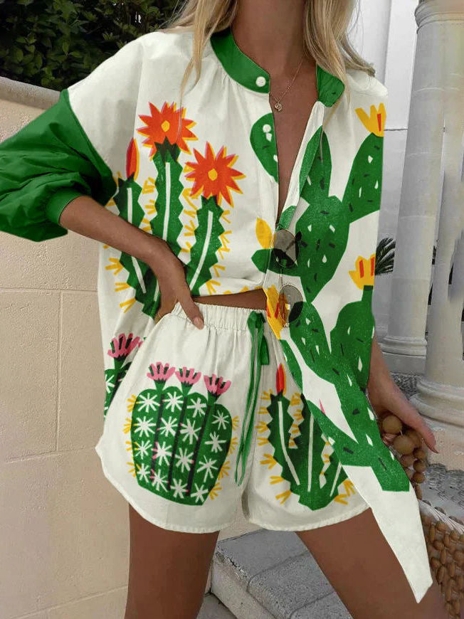 Unique Personality Tropical Cactus Print Shorts Two-piece Set - Threadford