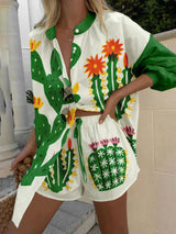 Unique Personality Tropical Cactus Print Shorts Two-piece Set - Threadford