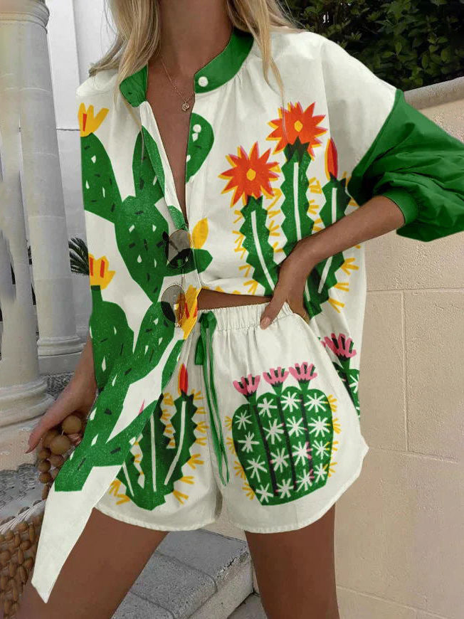 Unique Personality Tropical Cactus Print Shorts Two-piece Set - Threadford