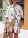 Unique Print Button Loose Shirt Aad Elastic Waist Pocket Shorts Set - Threadford