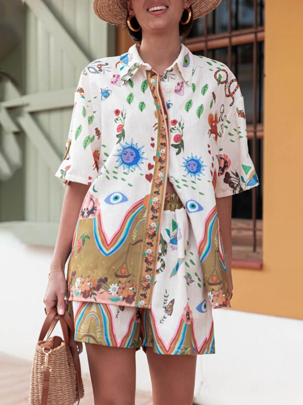 Unique Print Button Loose Shirt Aad Elastic Waist Pocket Shorts Set - Threadford