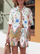 Unique Print Button Loose Shirt Aad Elastic Waist Pocket Shorts Set - Threadford