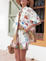 Unique Print Button Loose Shirt Aad Elastic Waist Pocket Shorts Set - Threadford