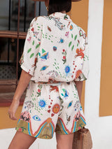 Unique Print Button Loose Shirt Aad Elastic Waist Pocket Shorts Set - Threadford