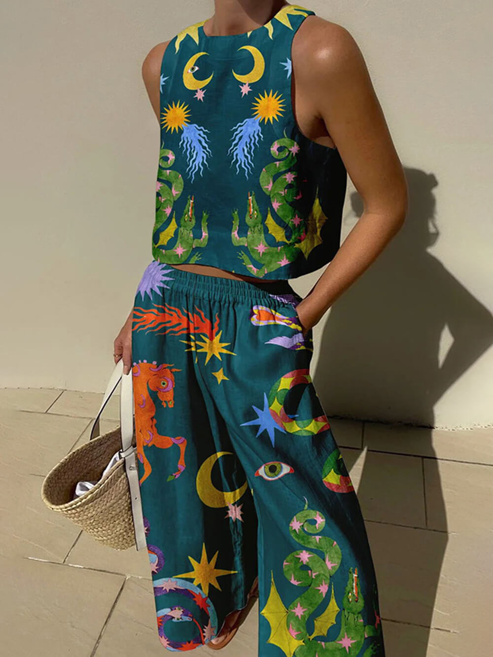 Unique Print Tank And Elastic Waist Pocketed Pants Set - Threadford