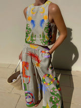 Unique Print Tank And Elastic Waist Pocketed Pants Set - Threadford