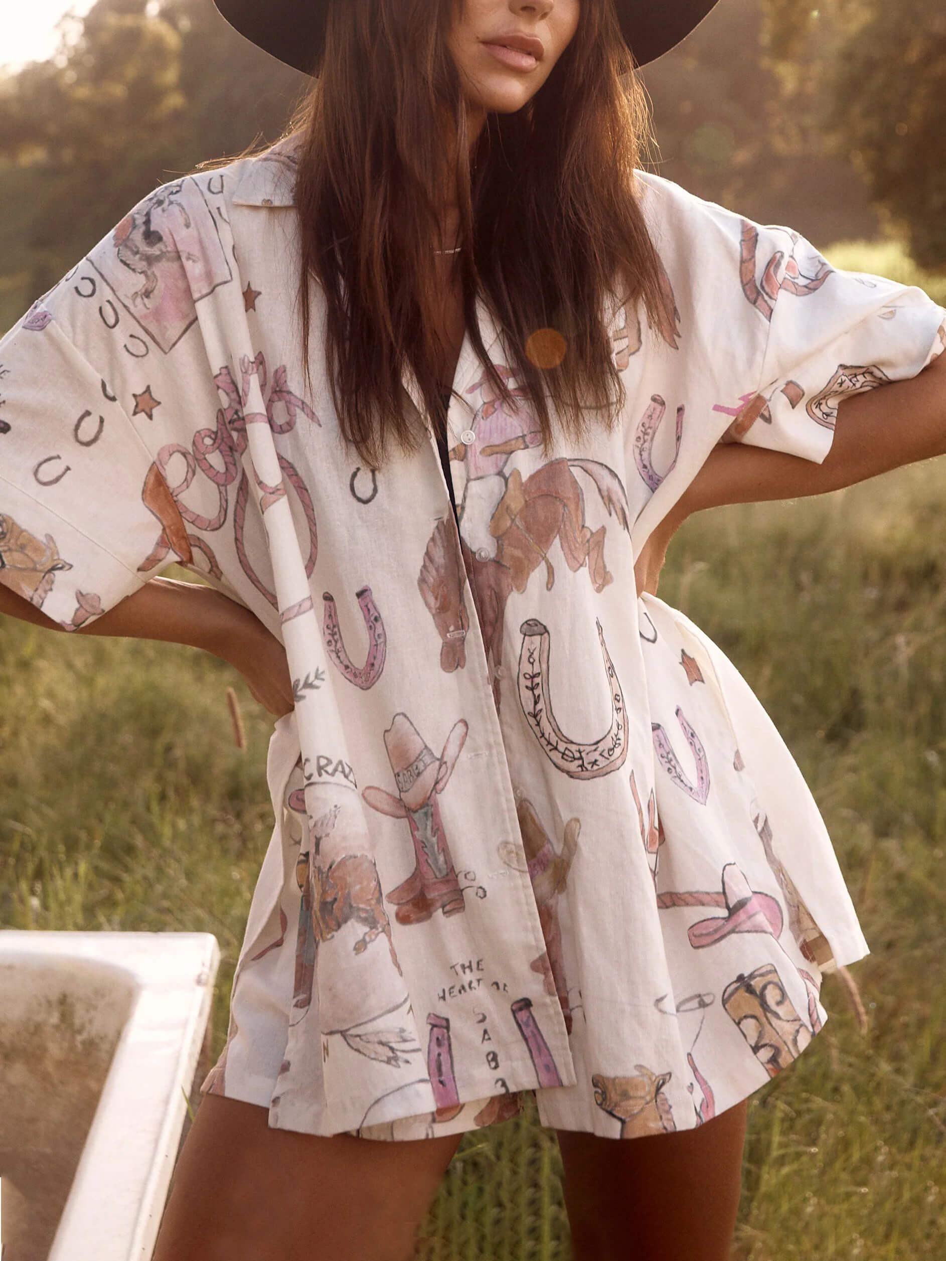 Western Print Short-Sleeved Shirt + Shorts Loose Two-Piece Set - Threadford