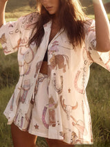 Western Print Short-Sleeved Shirt + Shorts Loose Two-Piece Set - Threadford