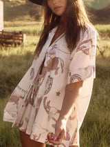 Western Print Short-Sleeved Shirt + Shorts Loose Two-Piece Set - Threadford