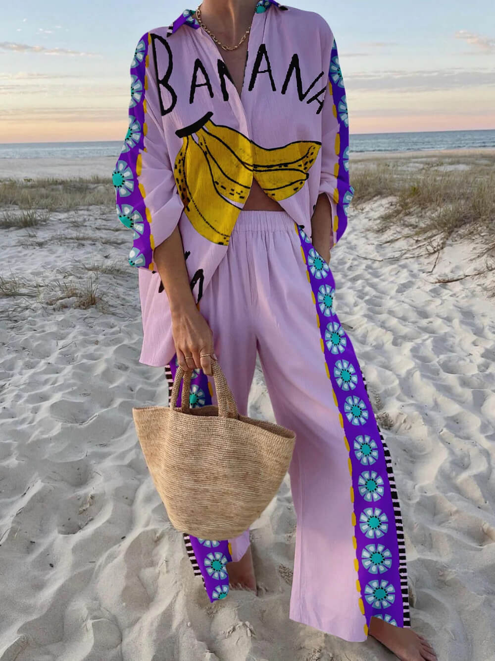 Unique And Fashionable Banana Print Holiday Style Set - Threadford