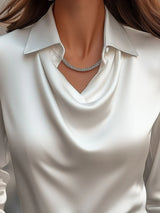 Vanaya | Elegant White Satin Blouse With Draped Neckline - Threadford