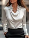 Vanaya | Elegant White Satin Blouse With Draped Neckline - Threadford