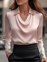 Vanaya | Elegant White Satin Blouse With Draped Neckline - Threadford
