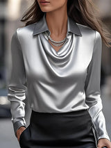 Vanaya | Elegant White Satin Blouse With Draped Neckline - Threadford