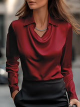 Vanaya | Elegant White Satin Blouse With Draped Neckline - Threadford